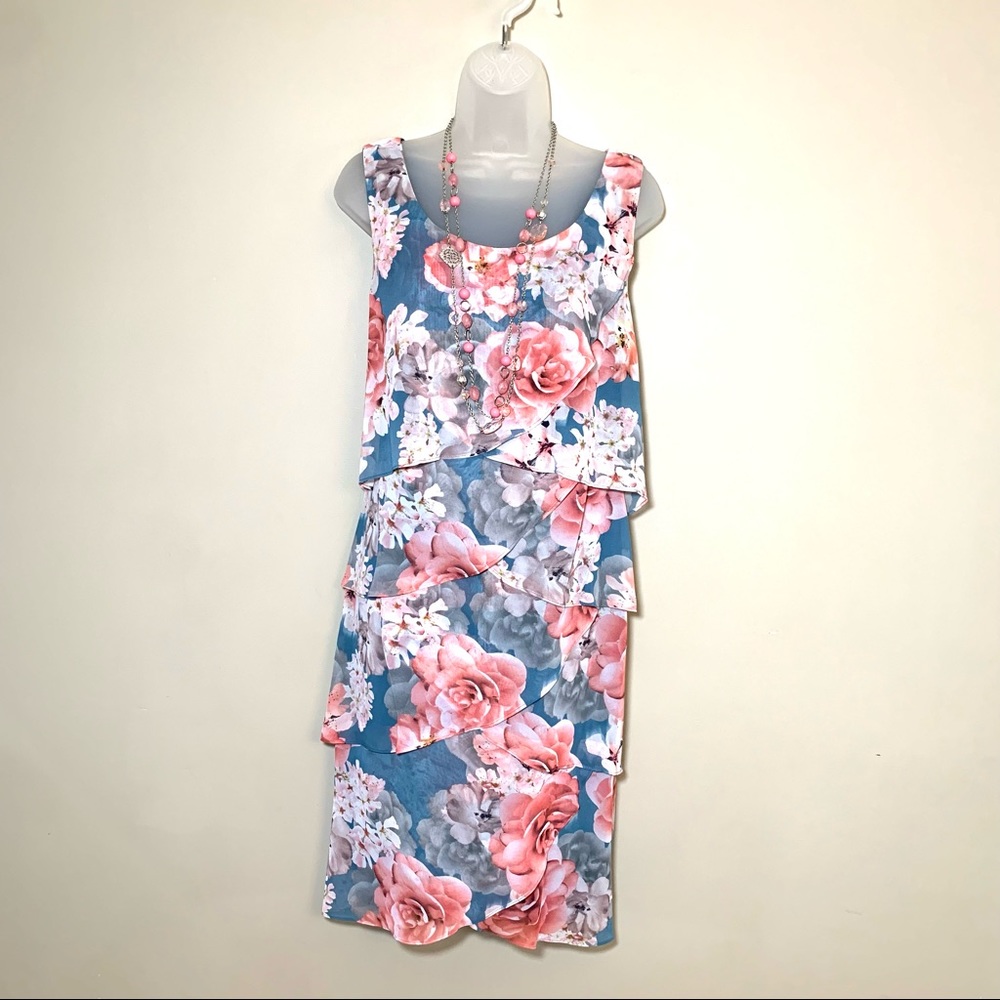 NWT Sleeveless Boat Neck Tiered Floral Dress Teal Pink, Connected Apparel